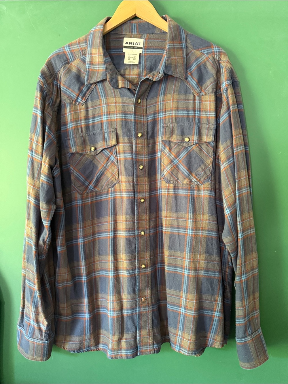 Ariat Mens XXL Retro Plaid Pearl Snap Western Shirt Brown Blue & Orange